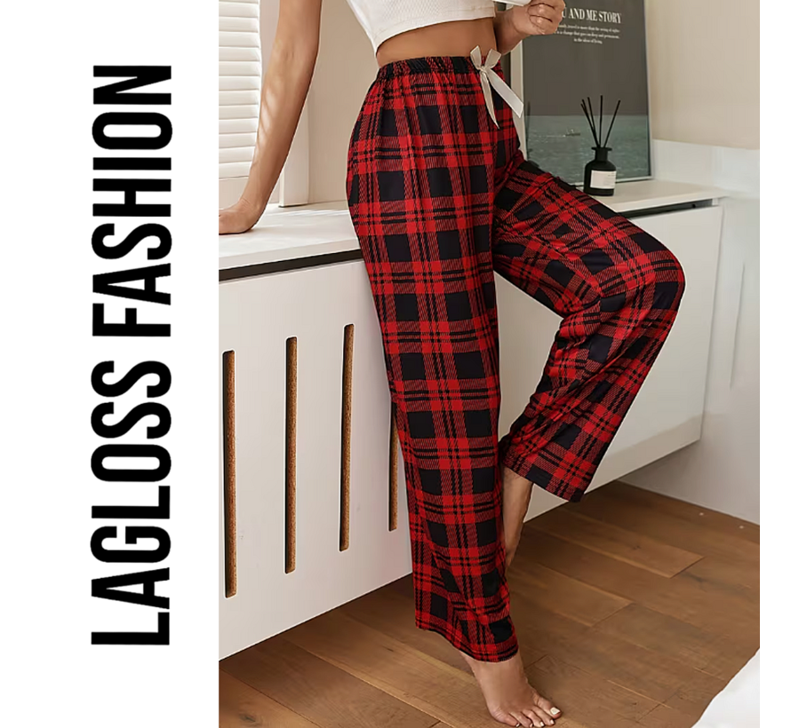 LaGloss® Pyjamabroek Dames Rood Zwart Geruit met Elastische Taille & Trekkoord – Maat XL