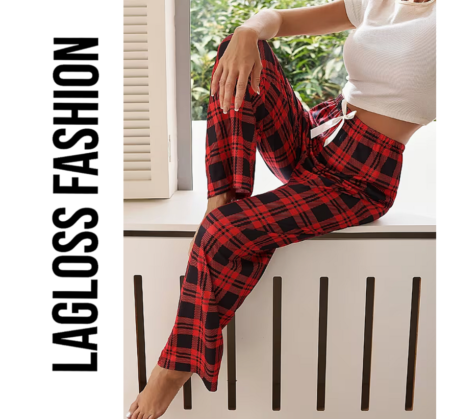 LaGloss® Pyjamabroek Dames Rood Zwart Geruit met Elastische Taille & Trekkoord – Maat XL