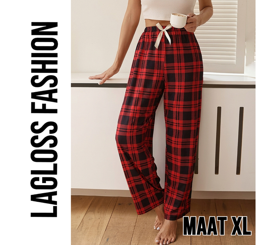 LaGloss® Pyjamabroek Dames Rood Zwart Geruit met Elastische Taille & Trekkoord – Maat XL
