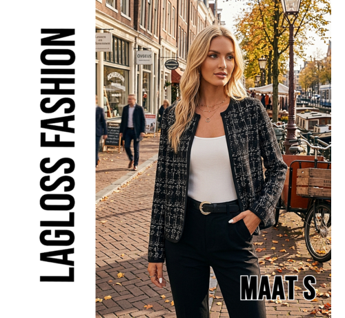 LaGloss LaGloss® Dames Zwart Geruite Cardigan Jas – Elegant Gebreid Jasje met Lange Mouwen – Maat S