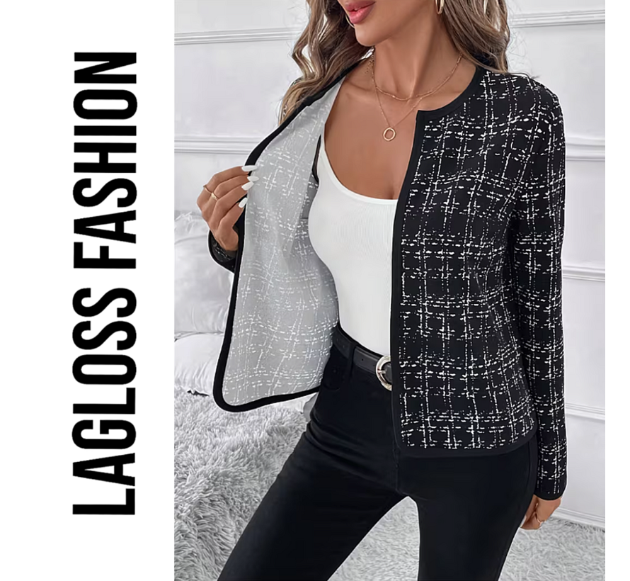LaGloss® Dames Zwart Geruite Cardigan Jas – Elegant Gebreid Jasje met Lange Mouwen – Maat M