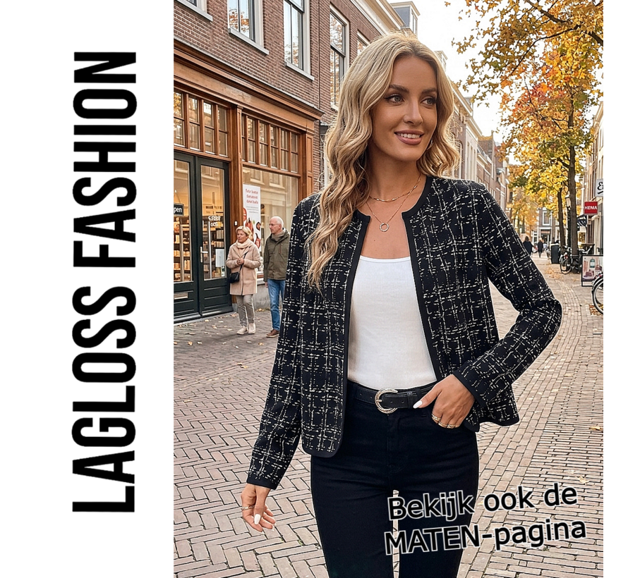 LaGloss® Dames Zwart Geruite Cardigan Jas – Elegant Gebreid Jasje met Lange Mouwen – Maat L