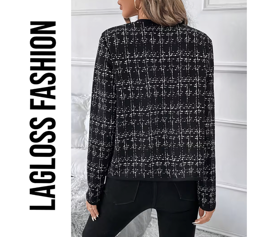 LaGloss® Dames Zwart Geruite Cardigan Jas – Elegant Gebreid Jasje met Lange Mouwen – Maat XL