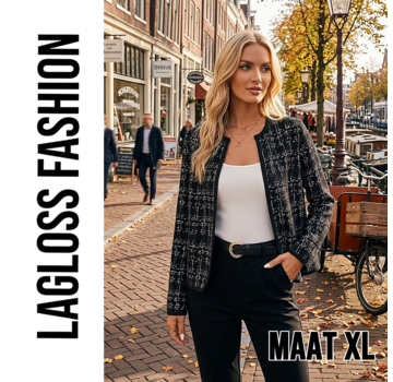 LaGloss Dames Zwart Geruite Cardigan Jas met Lange Mouwen – Maat XL