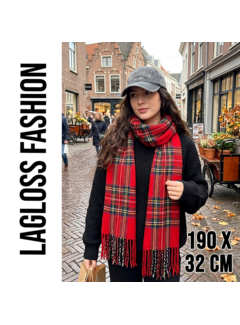 LaGloss Lange Vintage Winter Sjaal Dames Rood Geruit - 190 x 32 cm