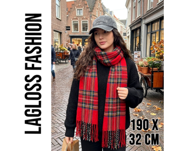 LaGloss Lange Vintage Winter Sjaal Dames Rood Geruit - 190 x 32 cm