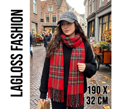 LaGloss Lange Vintage Winter Sjaal Dames Rood Geruit - 190 x 32 cm