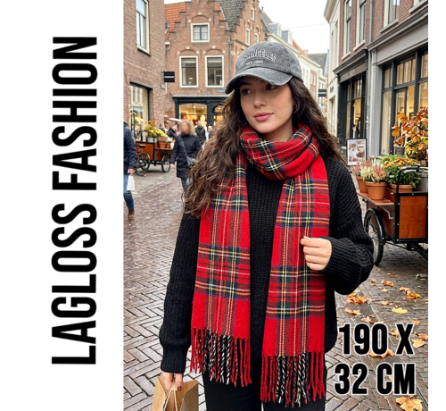 LaGloss LaGloss® Lange Winter Sjaal Dames Rood Geruit – Zachte Warme Wintersjaal – Vintage Dames Sjaal - 190 x 32 cm