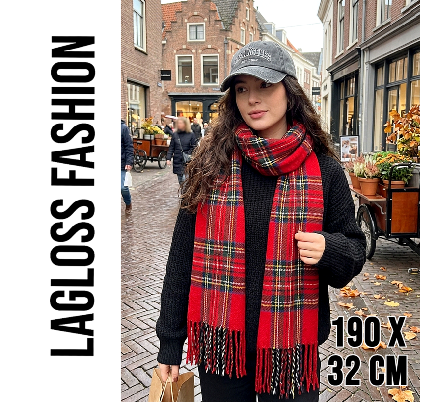 LaGloss® Lange Winter Sjaal Dames Rood Geruit – Zachte Warme Wintersjaal – Vintage Dames Sjaal - 190 x 32 cm