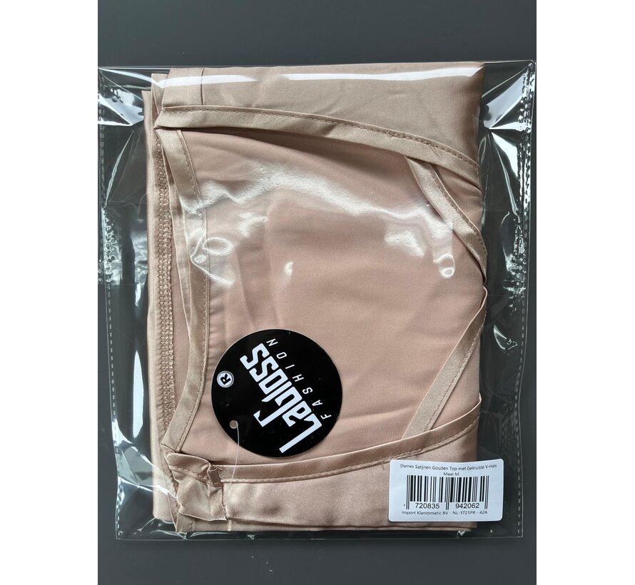 LaGloss® Dames Satijnen Gouden Top – Elegante Mouwloze Camisole met Gekruiste V-Hals – Losvallende Pasvorm – Maat M