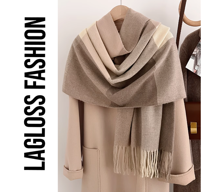LaGloss® Dikke Lange Winter Sjaal Dames Beige Multicolor – Zachte Warme Sjaal met Kleurblokken - 200 x 60 cm
