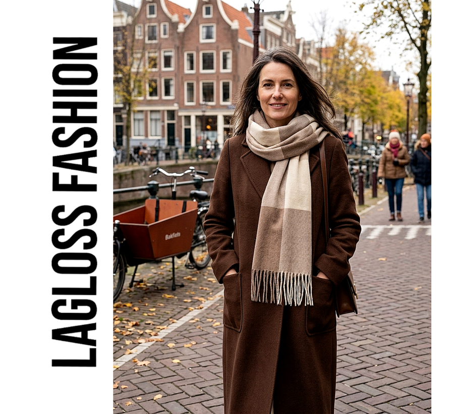 LaGloss® Dikke Lange Winter Sjaal Dames Beige Multicolor – Zachte Warme Sjaal met Kleurblokken - 200 x 60 cm