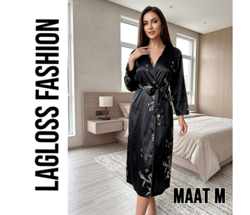 LaGloss Elegante Kimono Dames Ochtendjas Zwart met Bloemenprint - Maat M