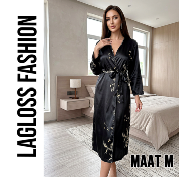 LaGloss Elegante Kimono Dames Ochtendjas Zwart met Bloemenprint - Maat M