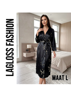 LaGloss Elegante Kimono Dames Ochtendjas Zwart met Bloemenprint - Maat L