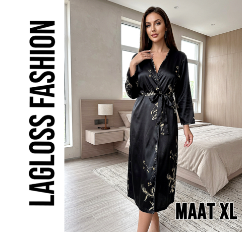 LaGloss LaGloss® Elegante Kimono Dames Ochtendjas Zwart met Bloemenprint - Lichtgewicht Badjas - Maat XL