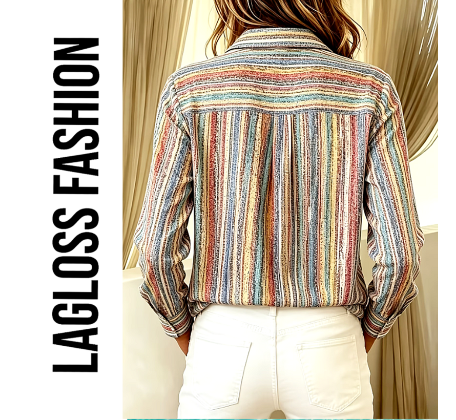 LaGloss® Special Edition Vintage Gestreepte Blouse Dames – Kleurrijk Overhemd met Lange Mouwen – Maat S