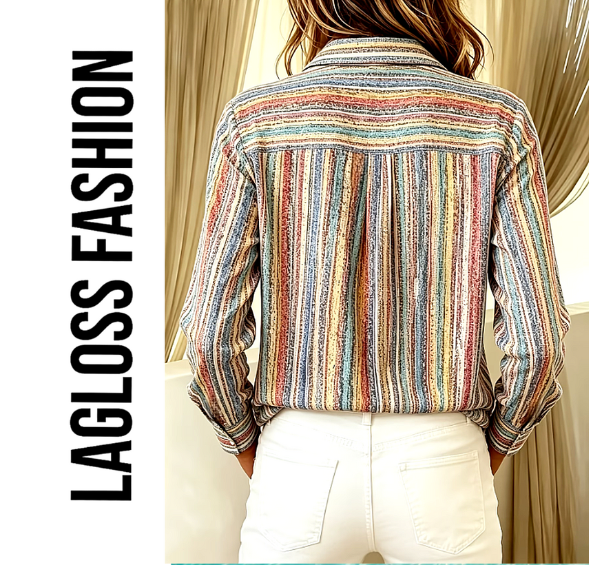 LaGloss® Special Edition Vintage Gestreepte Blouse Dames – Kleurrijk Overhemd met Lange Mouwen – Maat L