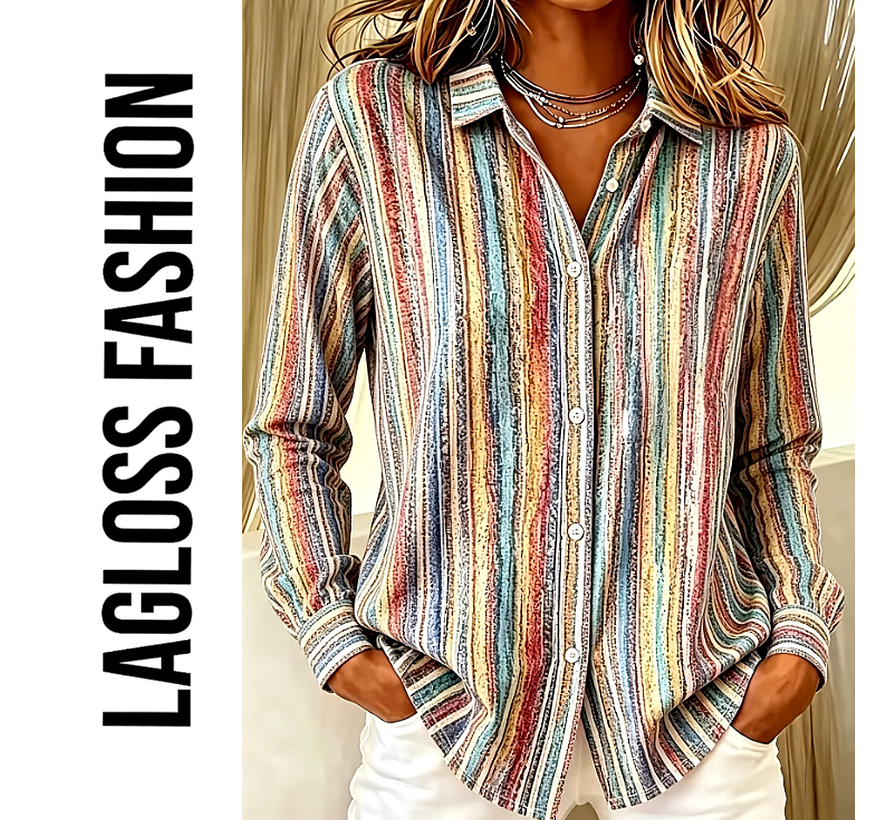LaGloss® Special Edition Vintage Gestreepte Blouse Dames – Kleurrijk Overhemd met Lange Mouwen – Maat L