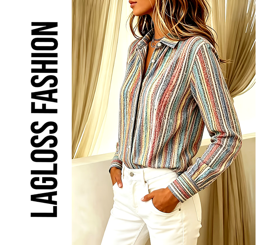 LaGloss® Special Edition Vintage Gestreepte Blouse Dames – Kleurrijk Overhemd met  Lange Mouwen – Maat XL