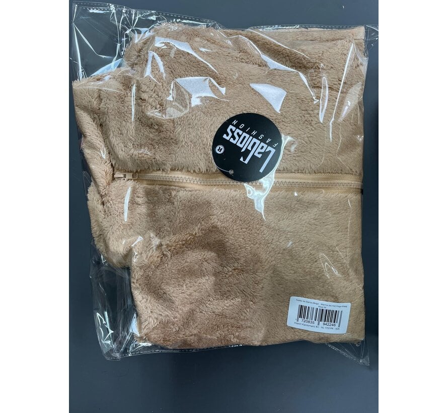 LaGloss® Beige Teddy Jas Dames – Warme Korte Winterjas met Hoge Kraag, Rits & Trekkoord – Maat M
