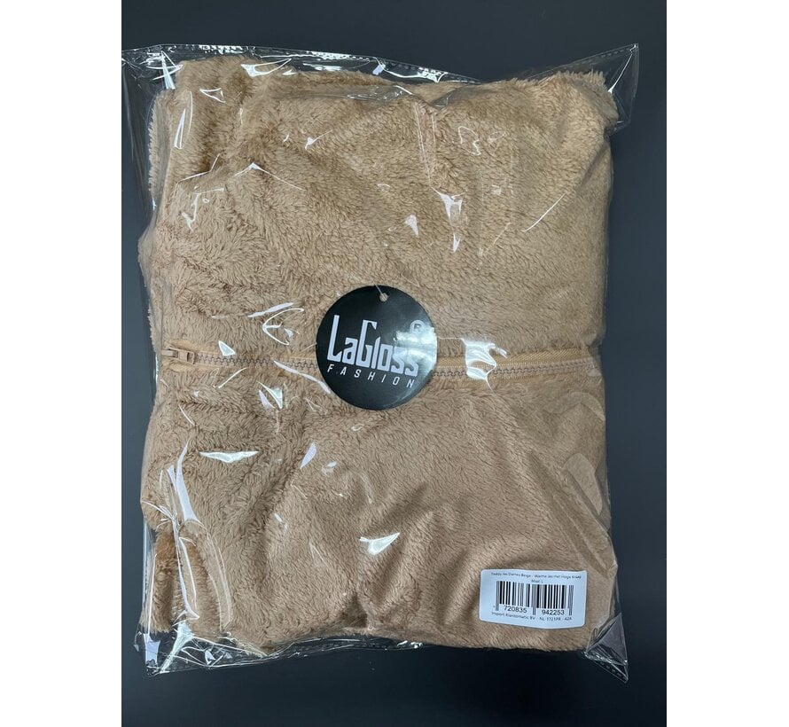 LaGloss® Beige Teddy Jas Dames – Warme Korte Winterjas met Hoge Kraag, Rits & Trekkoord – Maat L