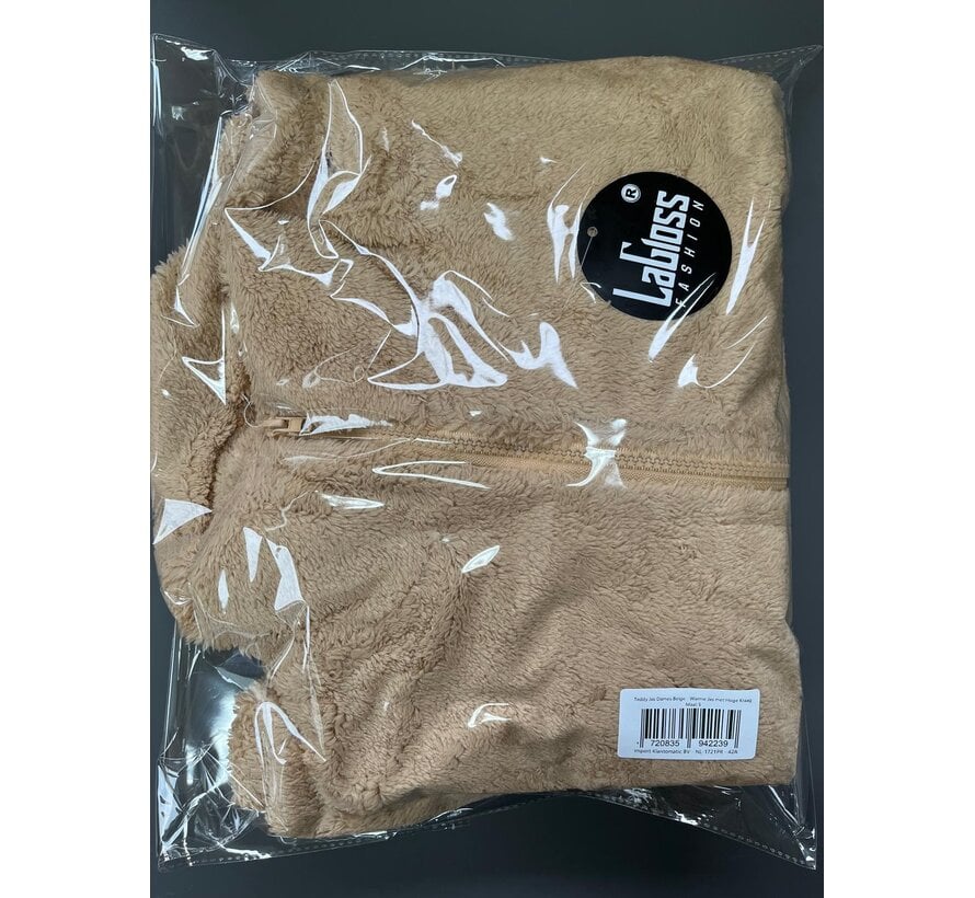 LaGloss® Beige Teddy Jas Dames – Warme Korte Winterjas met Hoge Kraag, Rits & Trekkoord – Maat S
