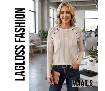 LaGloss Dames Geribbelde Trui Abrikoos met Sierknopen - Maat S