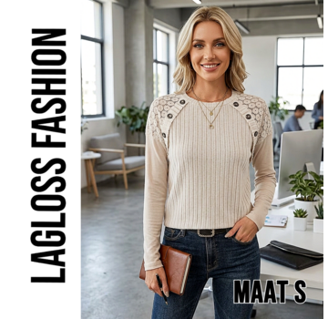 LaGloss Dames Geribbelde Trui Abrikoos met Sierknopen - Maat S