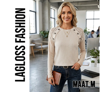 LaGloss Dames Geribbelde Trui Abrikoos met Sierknopen - Maat M