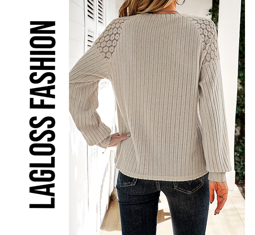 LaGloss® Dames Geribbelde Trui Abrikoos – Top met Kanten Details & Sierknopen en Lange Mouw - Maat L