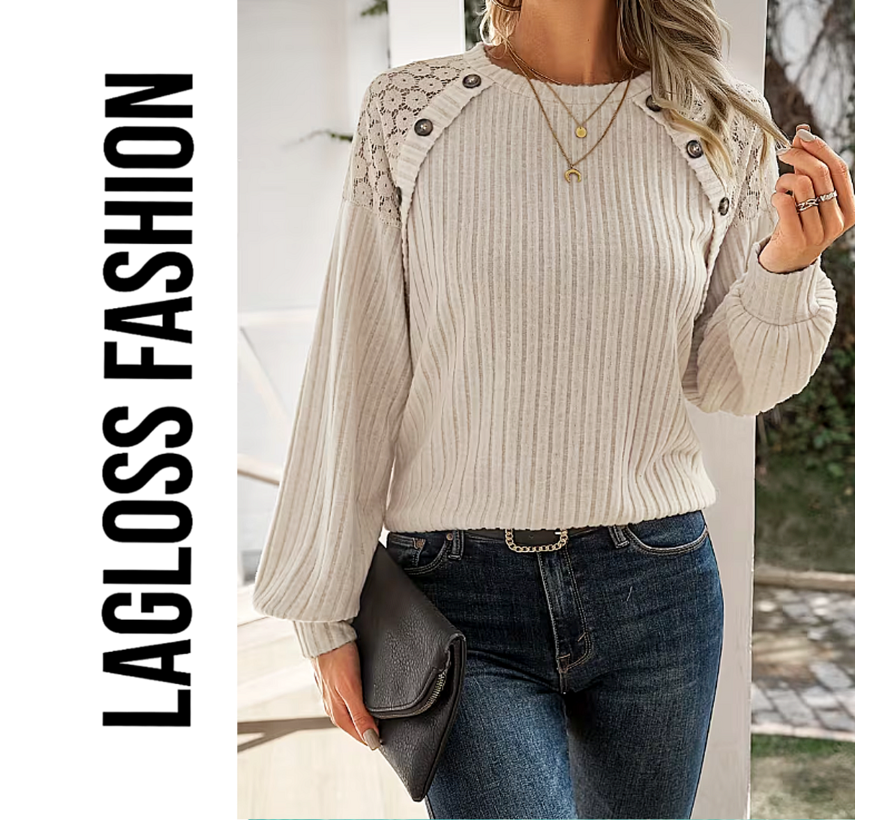 LaGloss® Dames Geribbelde Trui Abrikoos – Top met Kanten Details & Sierknopen en Lange Mouw - Maat L