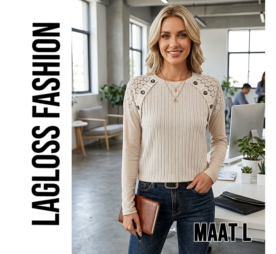 LaGloss® Dames Geribbelde Trui Abrikoos – Top met Kanten Details & Sierknopen en Lange Mouw - Maat L