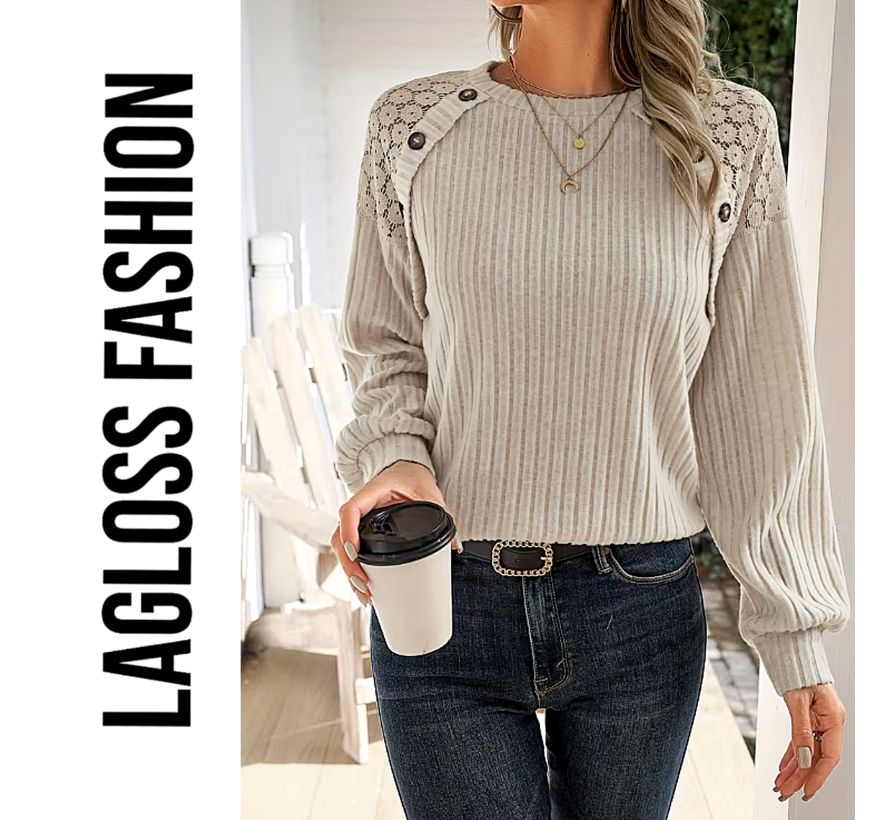 LaGloss® Dames Geribbelde Trui Abrikoos – Top met Kanten Details & Sierknopen en Lange Mouw - Maat XL