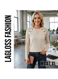 LaGloss Dames Geribbelde Trui Abrikoos met Sierknopen - Maat XL