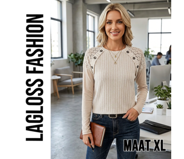 LaGloss Dames Geribbelde Trui Abrikoos met Sierknopen - Maat XL