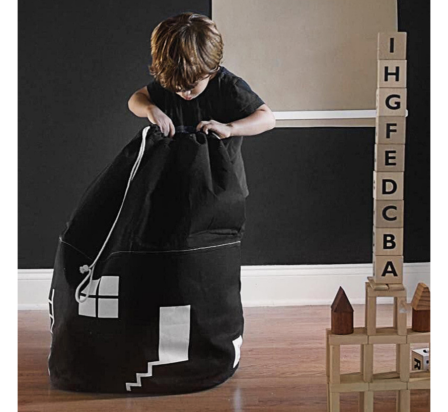 2 Stuks Kinderkamer Speelgoed Opbergzakken - Kabouterhuisje - 65 x 55 cm - Design A+B Zwart Wit