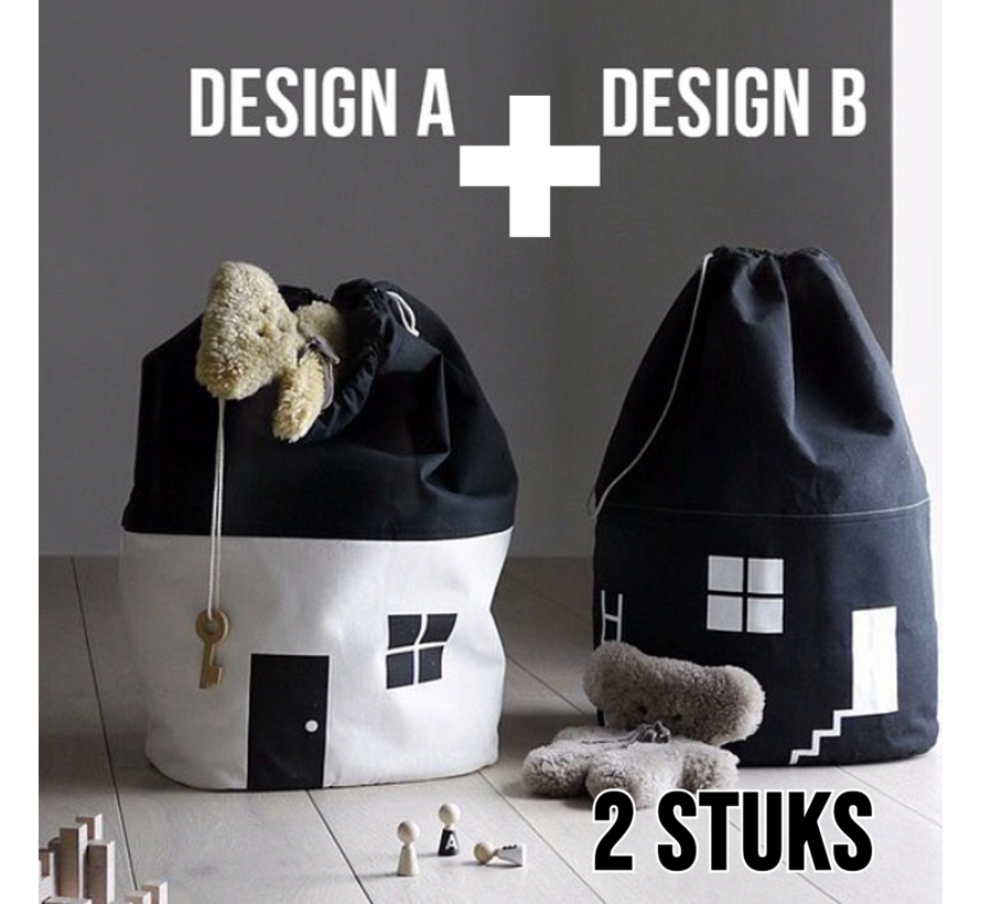 2 Stuks Kinderkamer Speelgoed Opbergzakken - Kabouterhuisje - 65 x 55 cm - Design A+B Zwart Wit