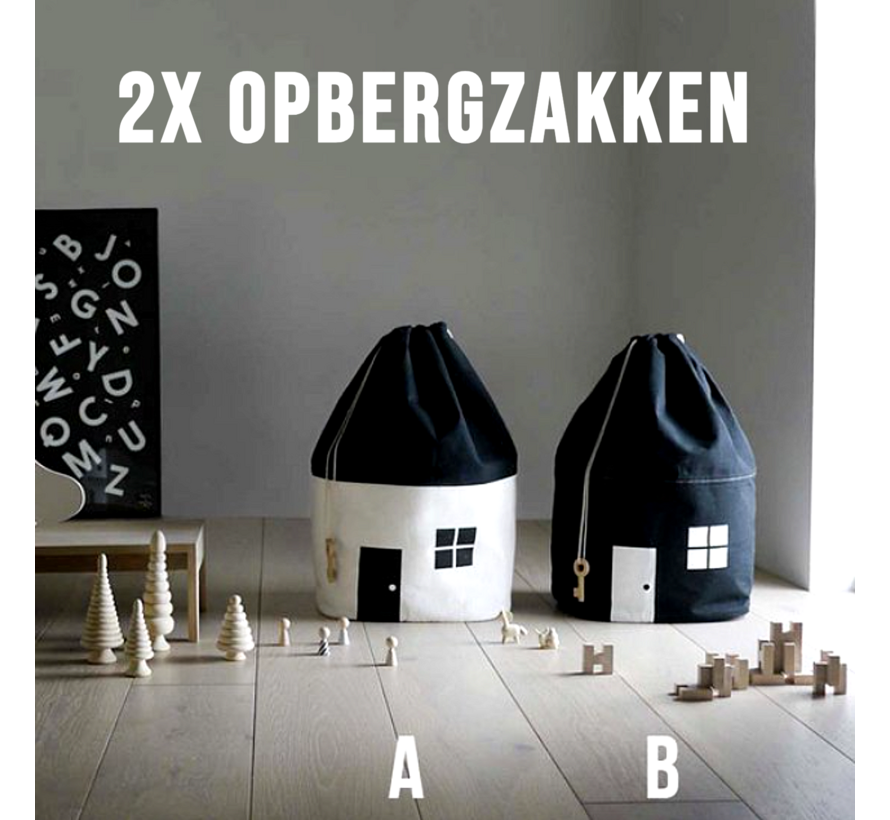 2 Stuks Kinderkamer Speelgoed Opbergzakken - Kabouterhuisje - 65 x 55 cm - Design A+B Zwart Wit