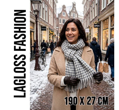 LaGloss LaGloss® Geruite Sjaal Dames Grijs Wit Pied-de-Poule – Warme Wintersjaal met Franjes – 190 x 27 cm