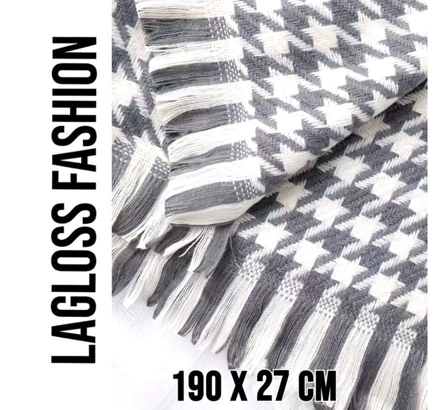 LaGloss® Geruite Sjaal Dames Grijs Wit Pied-de-Poule – Warme Wintersjaal met Franjes – 190 x 27 cm