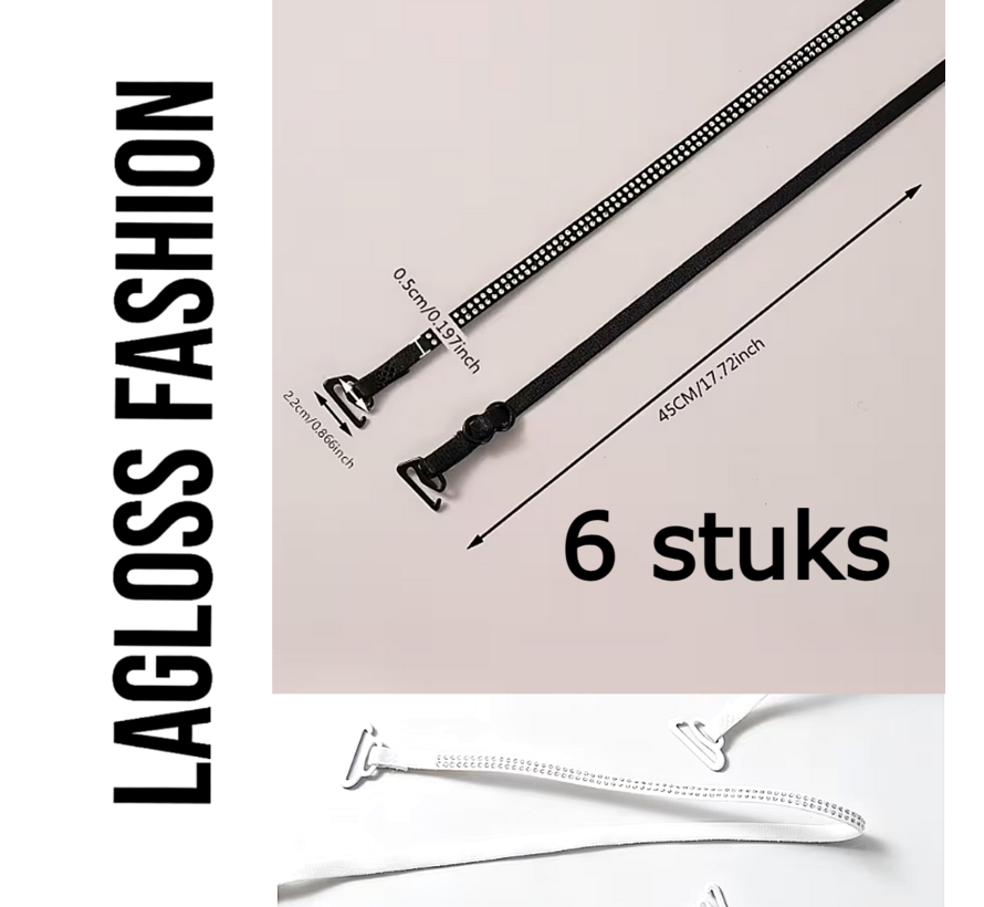 LaGloss® 6 Stuks Verstelbare BH-Bandjes met Glanzende Kristallen – Zwart, Wit & Beige