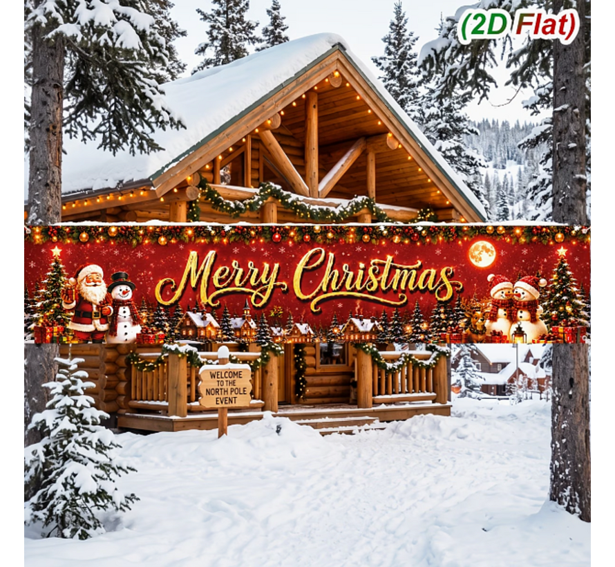 Kerstdecoratie Kerst Tuinbanner 200 x 40 cm – Kerstman & Sneeuwpop – Full Color Kerst decoratie voor Buiten