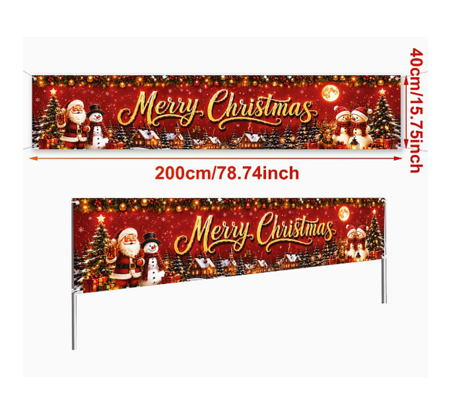 Kerstdecoratie Kerst Tuinbanner 200 x 40 cm – Kerstman & Sneeuwpop – Full Color Kerst decoratie voor Buiten