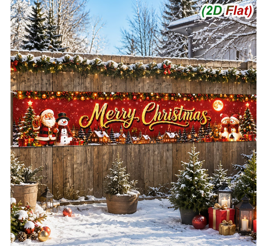 Kerstdecoratie Kerst Tuinbanner 200 x 40 cm – Kerstman & Sneeuwpop – Full Color Kerst decoratie voor Buiten