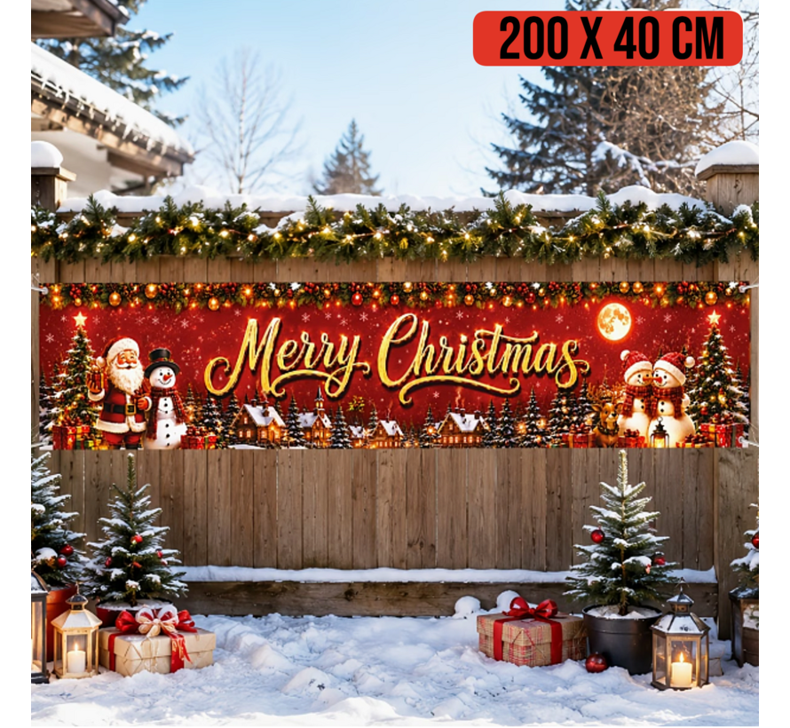 Kerstdecoratie Kerst Tuinbanner 200 x 40 cm – Kerstman & Sneeuwpop – Full Color Kerst decoratie voor Buiten