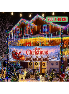 Allernieuwste.nl® Kerst Tuinbanner Spandoek 200 x 40 cm – Kerstman & Rendier + 6 Meter Ophangtouw