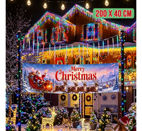 Allernieuwste.nl® Kerst Tuinbanner Spandoek 200 x 40 cm – Kerstman & Rendier – Waterdichte Buitenbanner met Metalen Oogjes + 6 Meter Ophangtouw