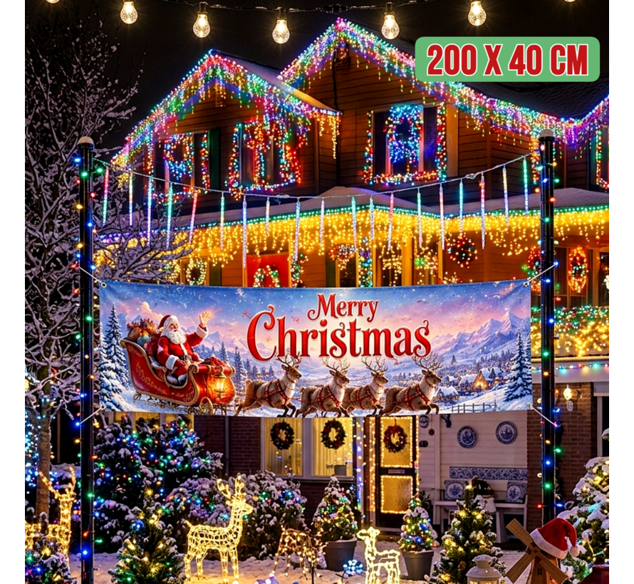 Kerst Tuinbanner Spandoek 200 x 40 cm – Kerstman & Rendier – Waterdichte Buitenbanner met Metalen Oogjes + 6 Meter Ophangtouw