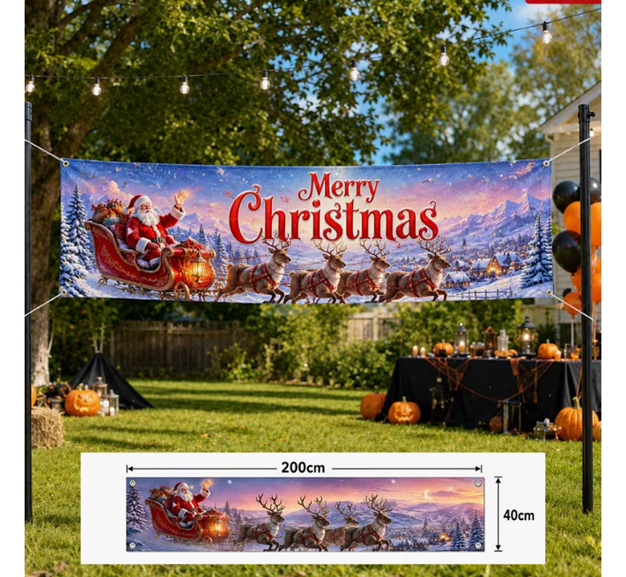 Kerst Tuinbanner Spandoek 200 x 40 cm – Kerstman & Rendier – Waterdichte Buitenbanner met Metalen Oogjes + 6 Meter Ophangtouw